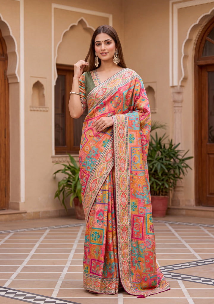Orange Satin Abstract Geometric Sequins Saree With Matching Blouse Piece