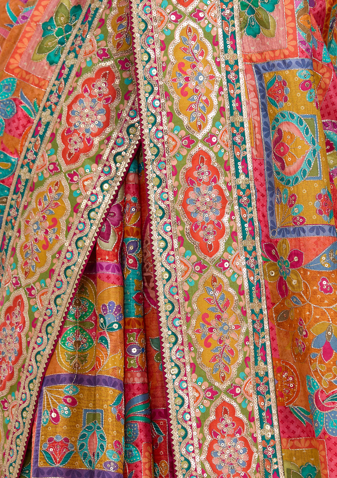 Orange Satin Abstract Geometric Sequins Saree With Matching Blouse Piece