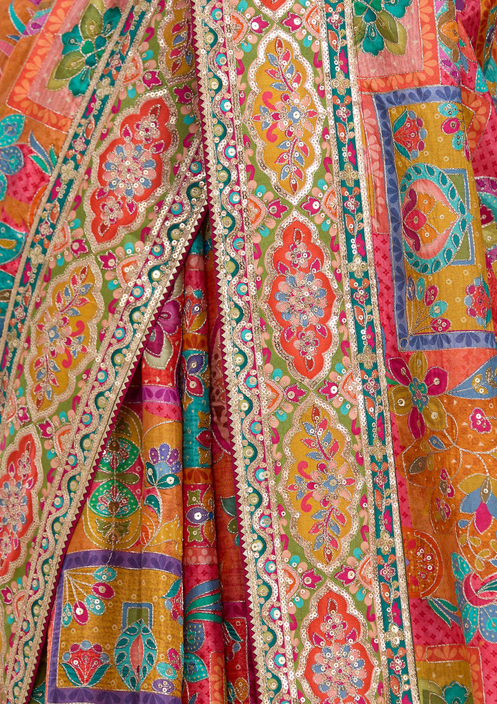 Orange Satin Abstract Geometric Sequins Saree With Matching Blouse Piece