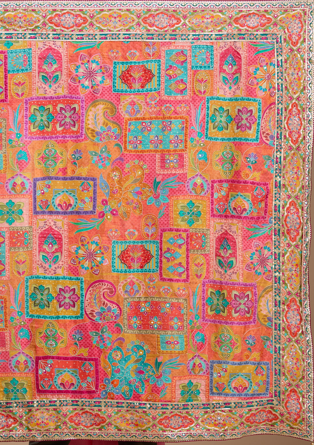Orange Satin Abstract Geometric Sequins Saree With Matching Blouse Piece
