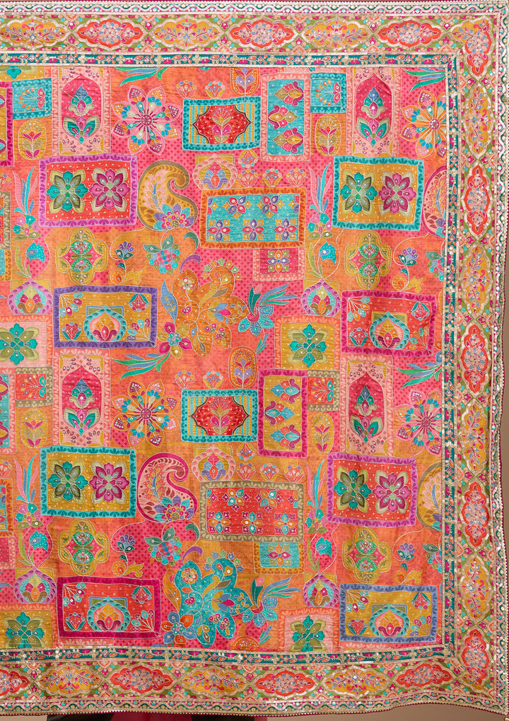 Orange Satin Abstract Geometric Sequins Saree With Matching Blouse Piece