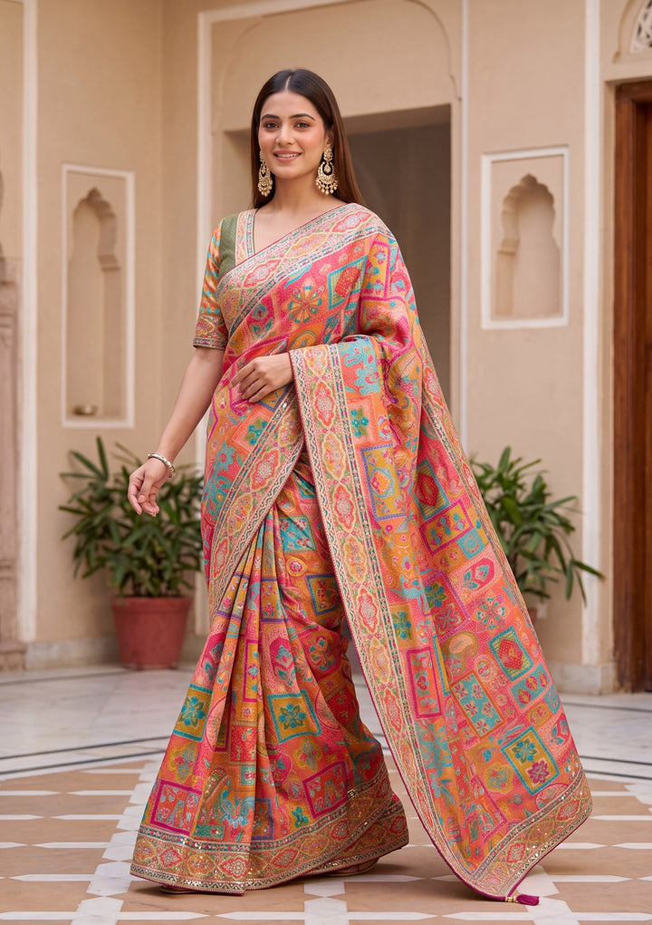 Orange Satin Abstract Geometric Sequins Saree With Matching Blouse Piece