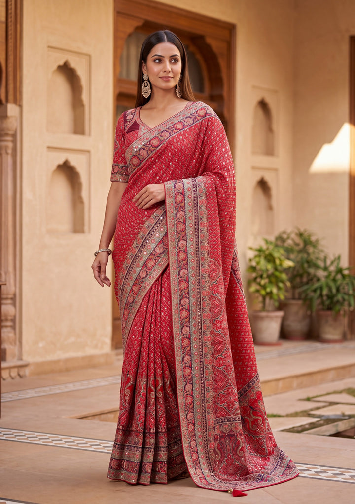 Red Satin Abstract Geometric Sequins Saree With Matching Blouse Piece
