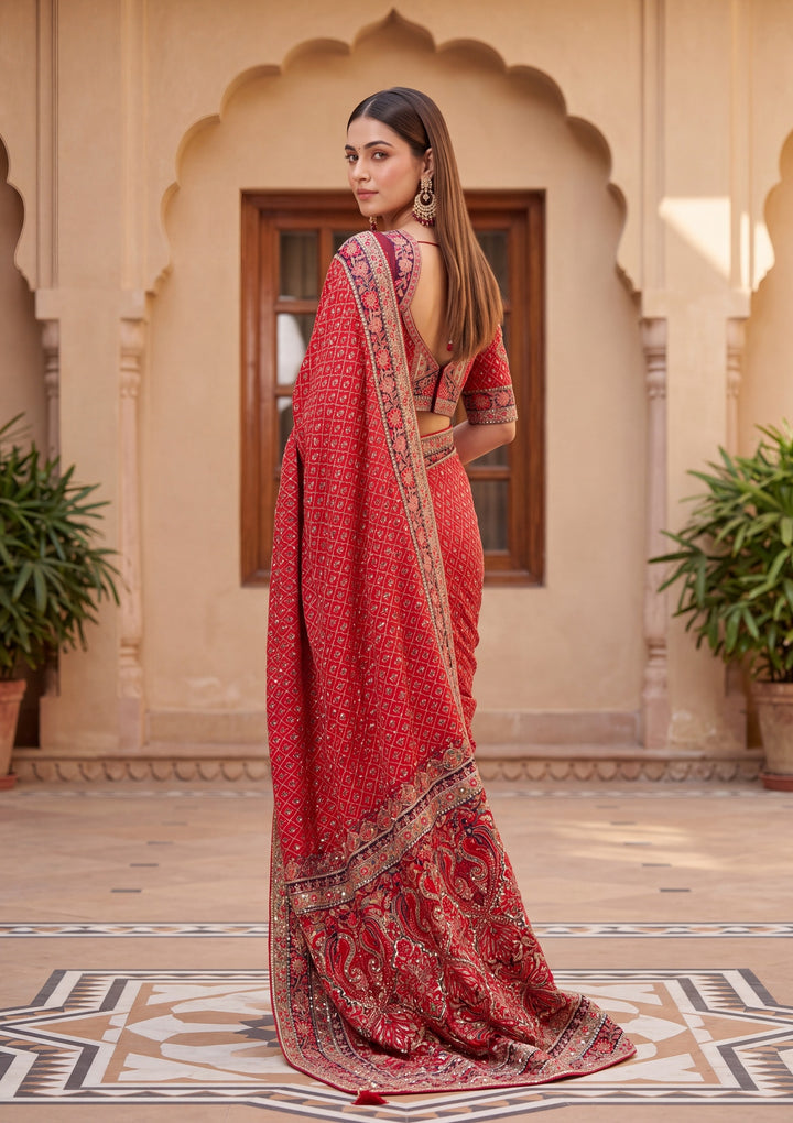 Red Satin Abstract Geometric Sequins Saree With Matching Blouse Piece