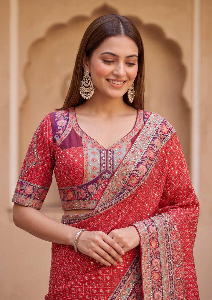 Red Satin Abstract Geometric Sequins Saree With Matching Blouse Piece