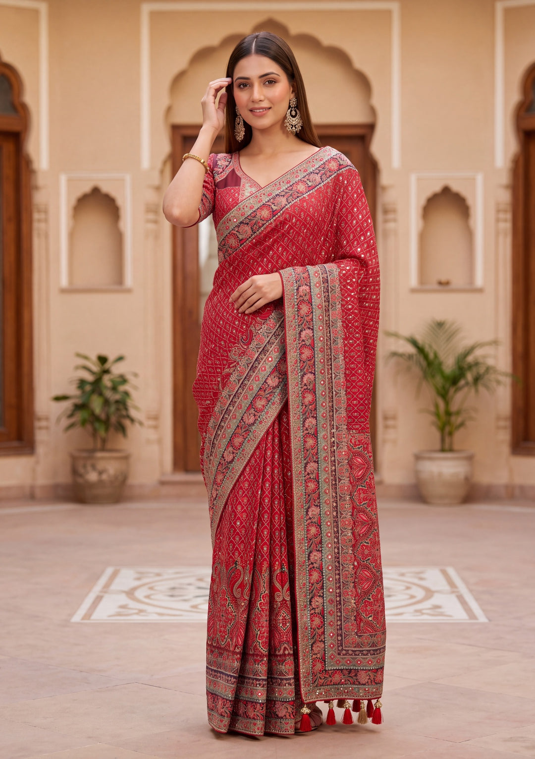 Red Satin Abstract Geometric Sequins Saree With Matching Blouse Piece