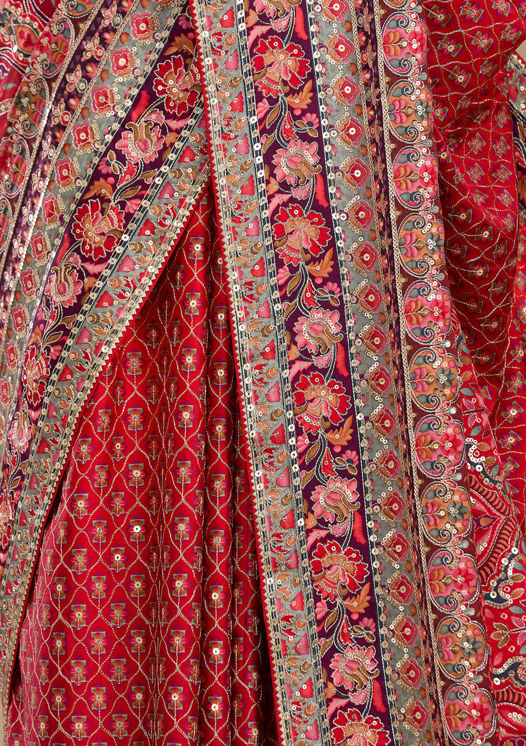 Red Satin Abstract Geometric Sequins Saree With Matching Blouse Piece