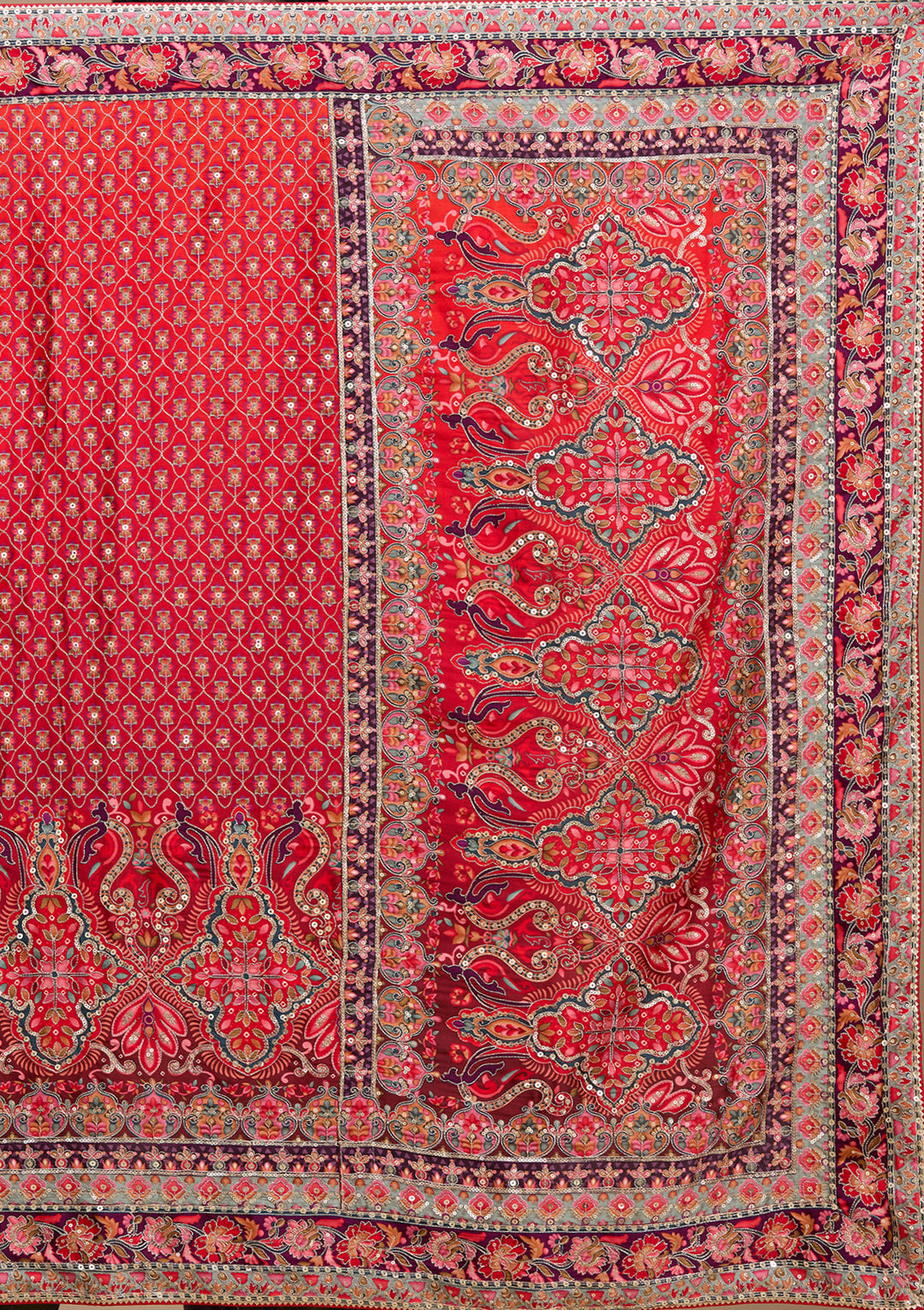 Red Satin Abstract Geometric Sequins Saree With Matching Blouse Piece