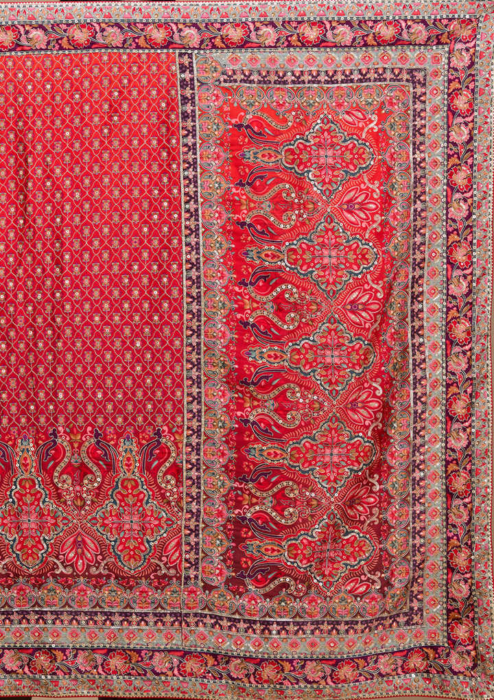 Red Satin Abstract Geometric Sequins Saree With Matching Blouse Piece