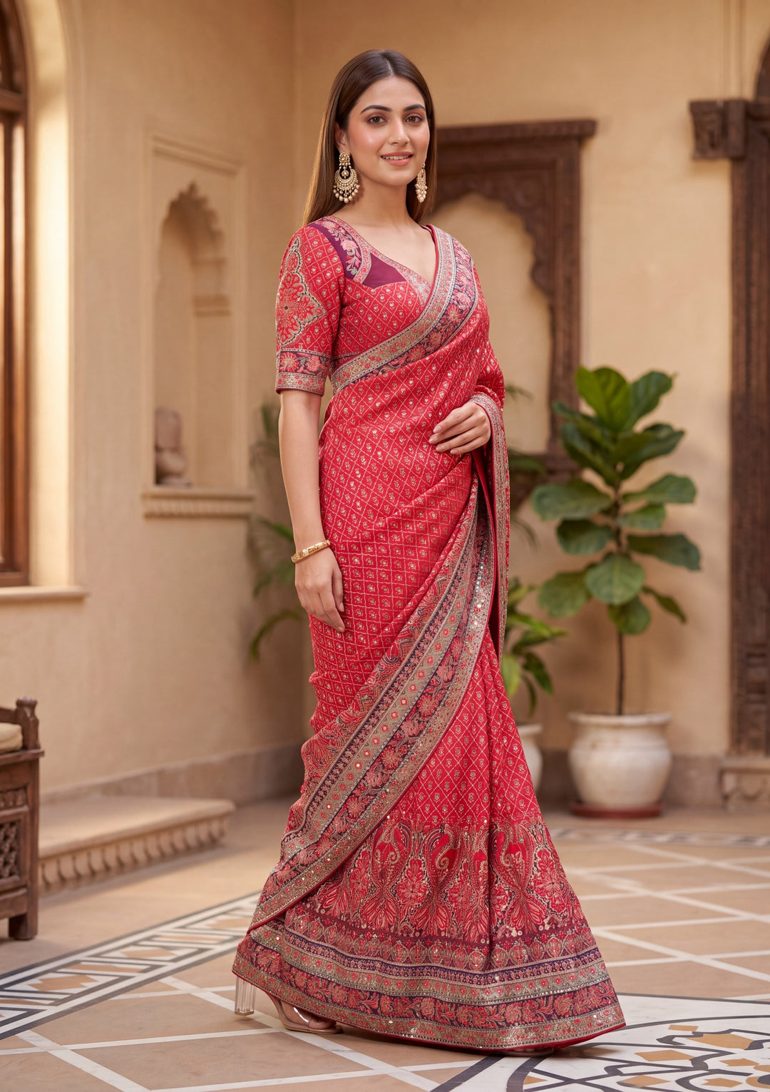 Red Satin Abstract Geometric Sequins Saree With Matching Blouse Piece