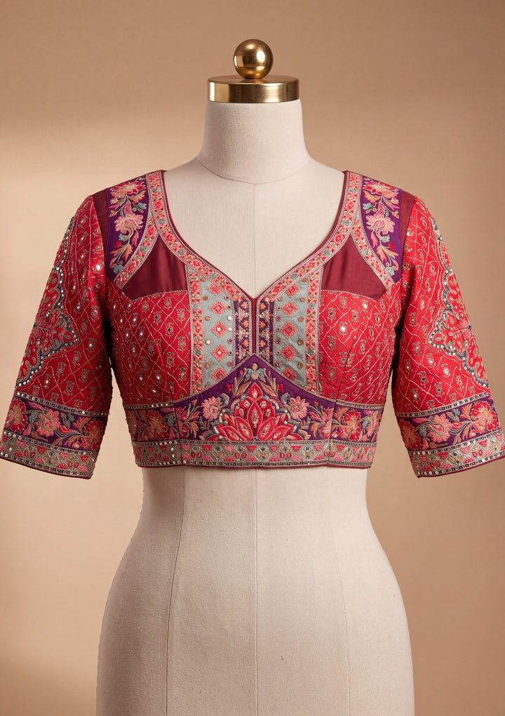 Red Satin Abstract Geometric Sequins Saree With Matching Blouse Piece