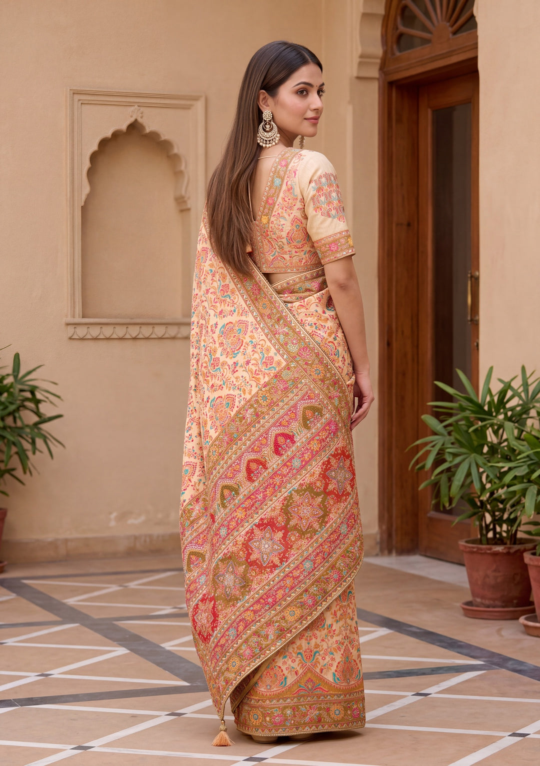 Multi Satin Abstract Geometric Sequins Saree With Matching Blouse Piece