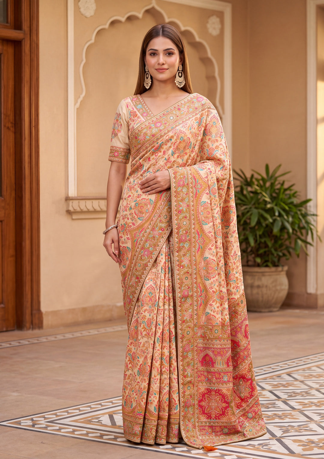 Multi Satin Abstract Geometric Sequins Saree With Matching Blouse Piece