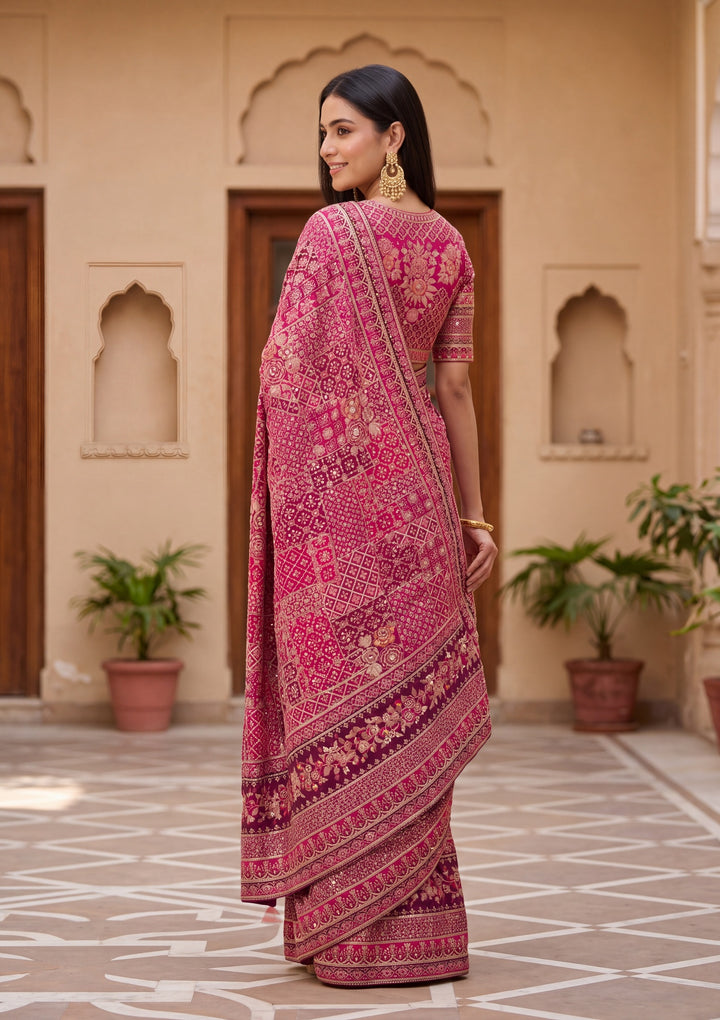 Pink Satin Abstract Geometric Sequins Saree With Matching Blouse Piece