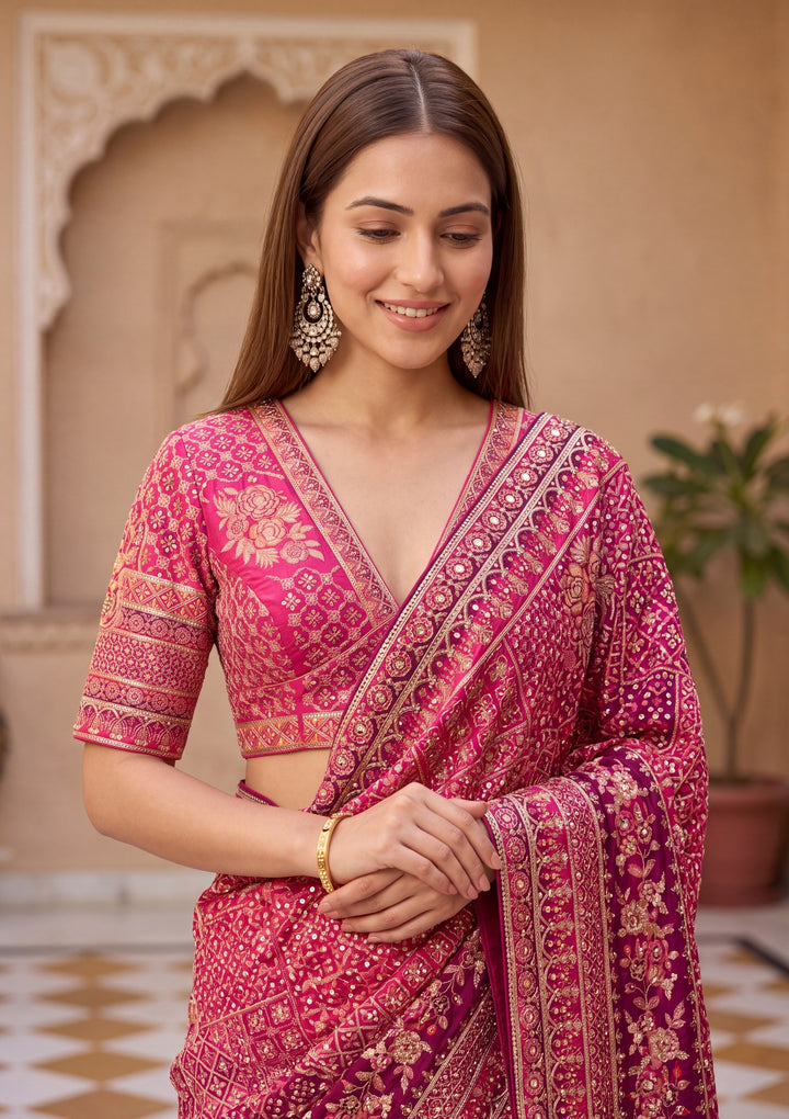 Pink Satin Abstract Geometric Sequins Saree With Matching Blouse Piece