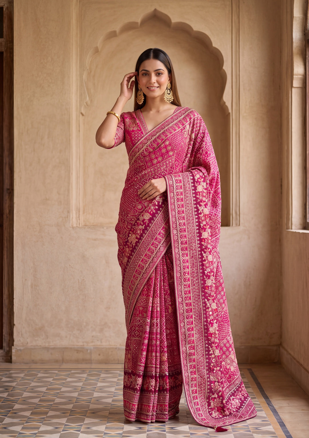 Pink Satin Abstract Geometric Sequins Saree With Matching Blouse Piece