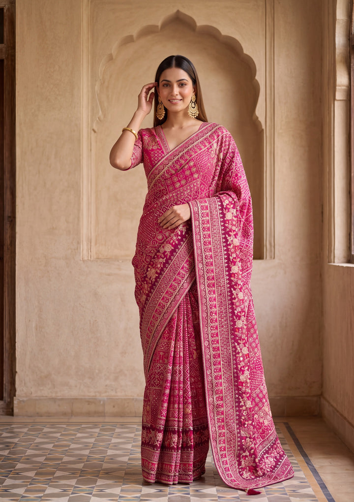Pink Satin Abstract Geometric Sequins Saree With Matching Blouse Piece