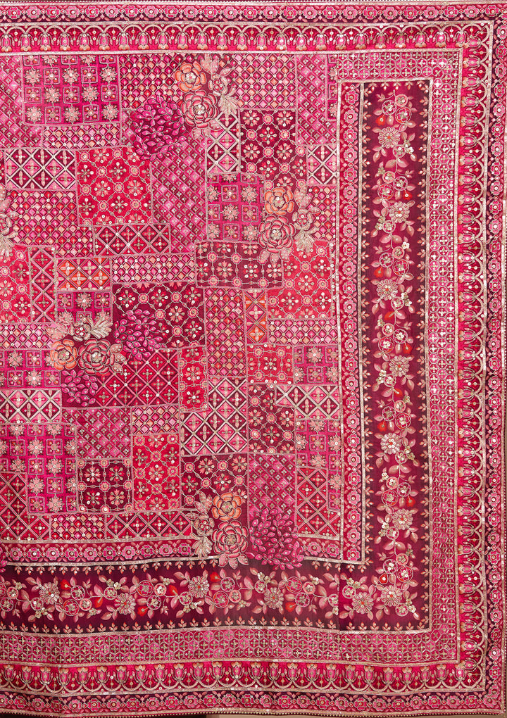 Pink Satin Abstract Geometric Sequins Saree With Matching Blouse Piece