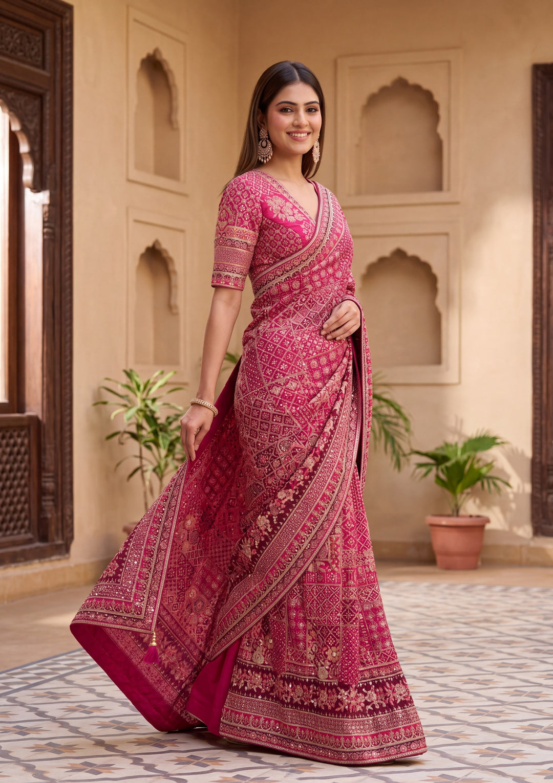 Pink Satin Abstract Geometric Sequins Saree With Matching Blouse Piece