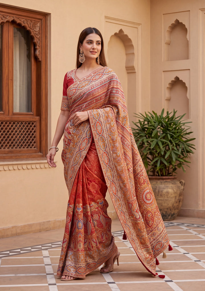 Rust Satin Abstract Geometric Sequins Saree With Matching Blouse Piece