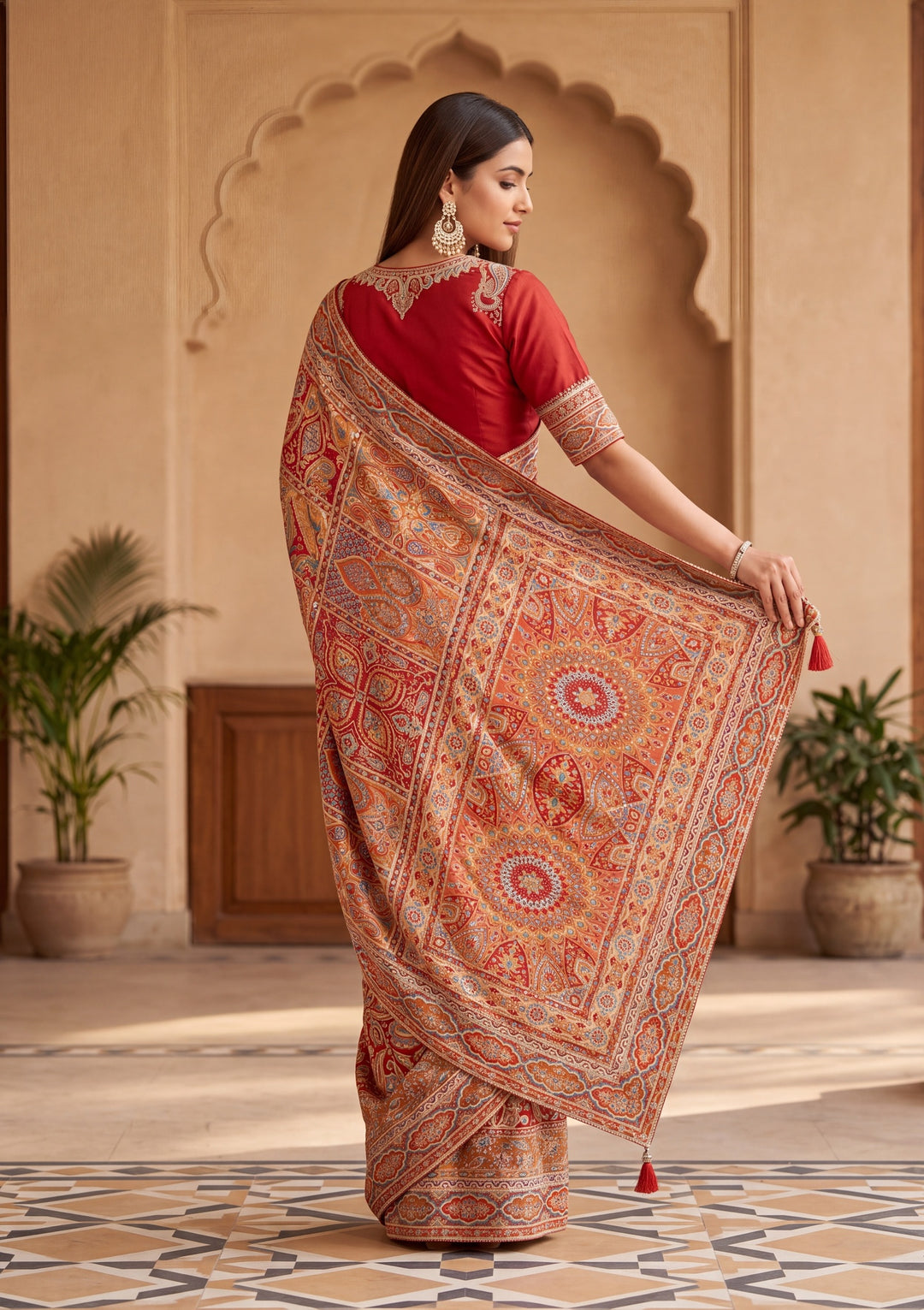 Rust Satin Abstract Geometric Sequins Saree With Matching Blouse Piece