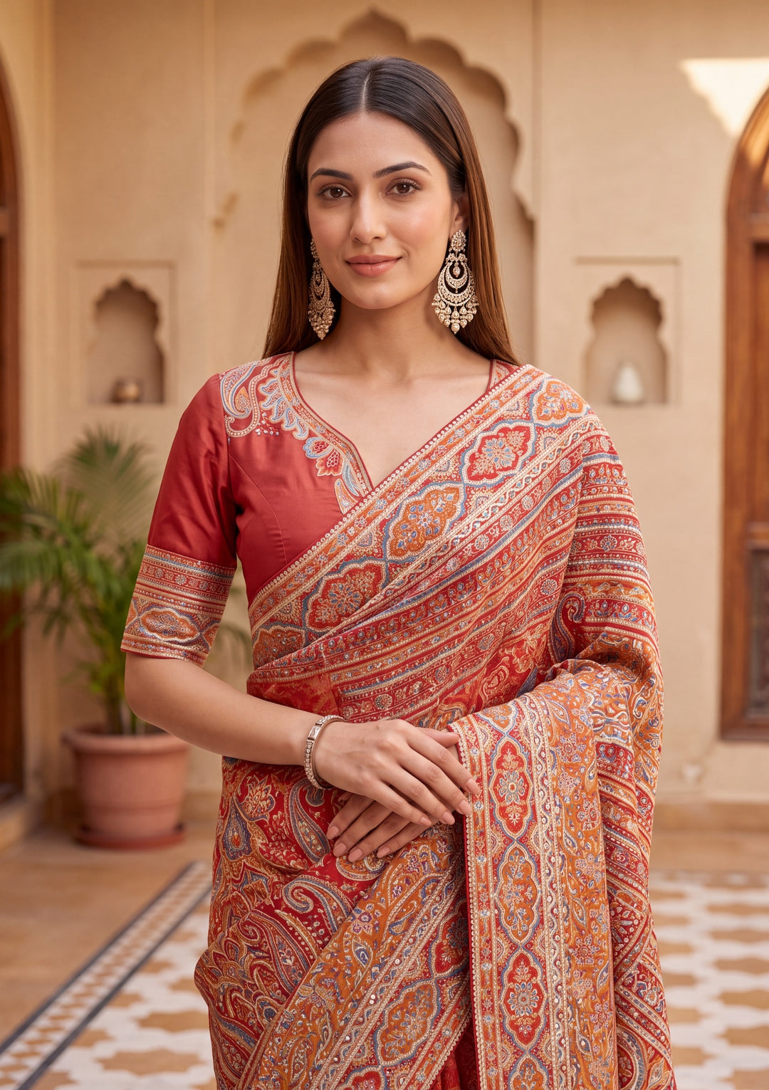 Rust Satin Abstract Geometric Sequins Saree With Matching Blouse Piece