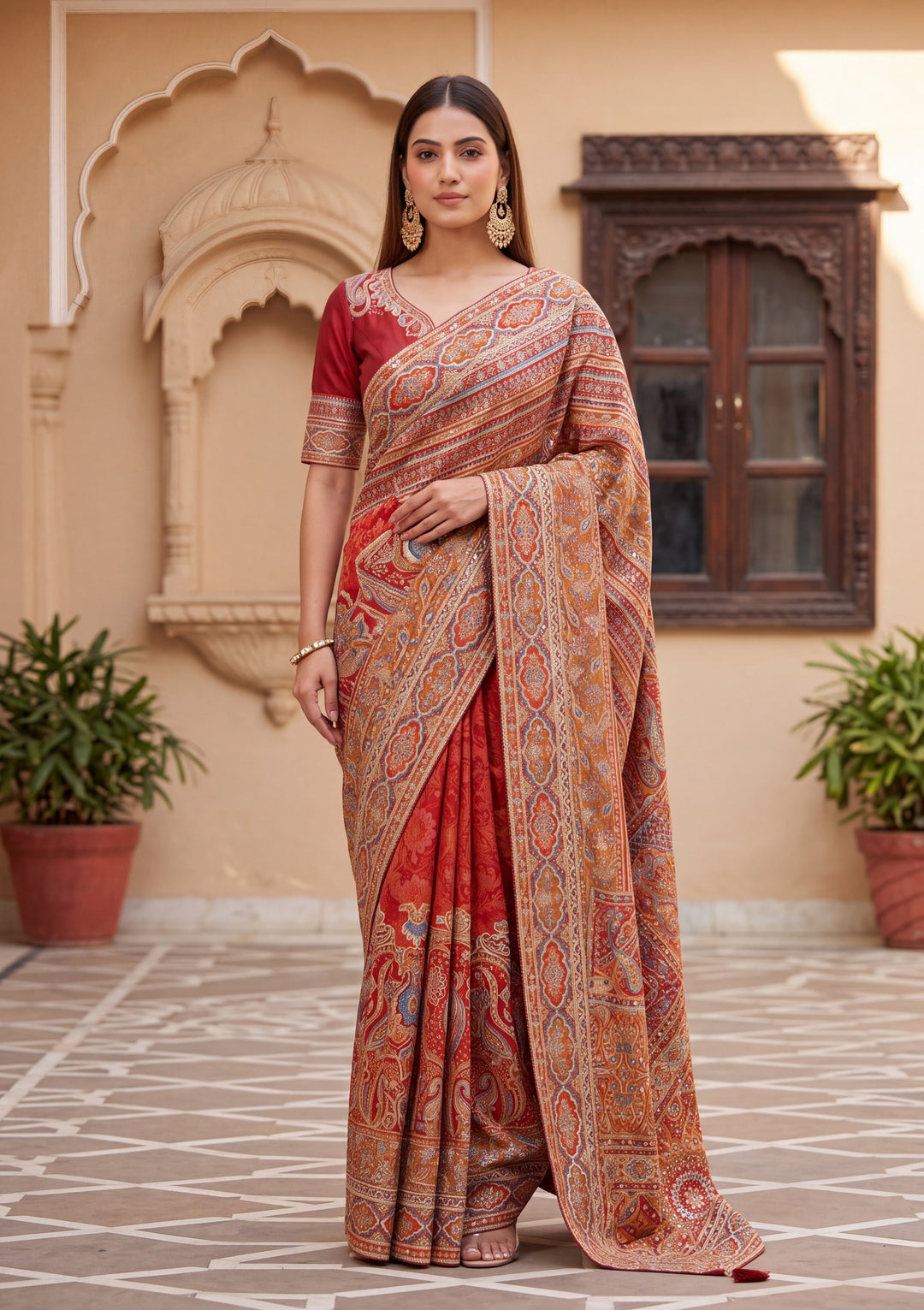 Rust Satin Abstract Geometric Sequins Saree With Matching Blouse Piece
