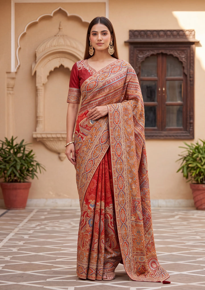 Rust Satin Abstract Geometric Sequins Saree With Matching Blouse Piece