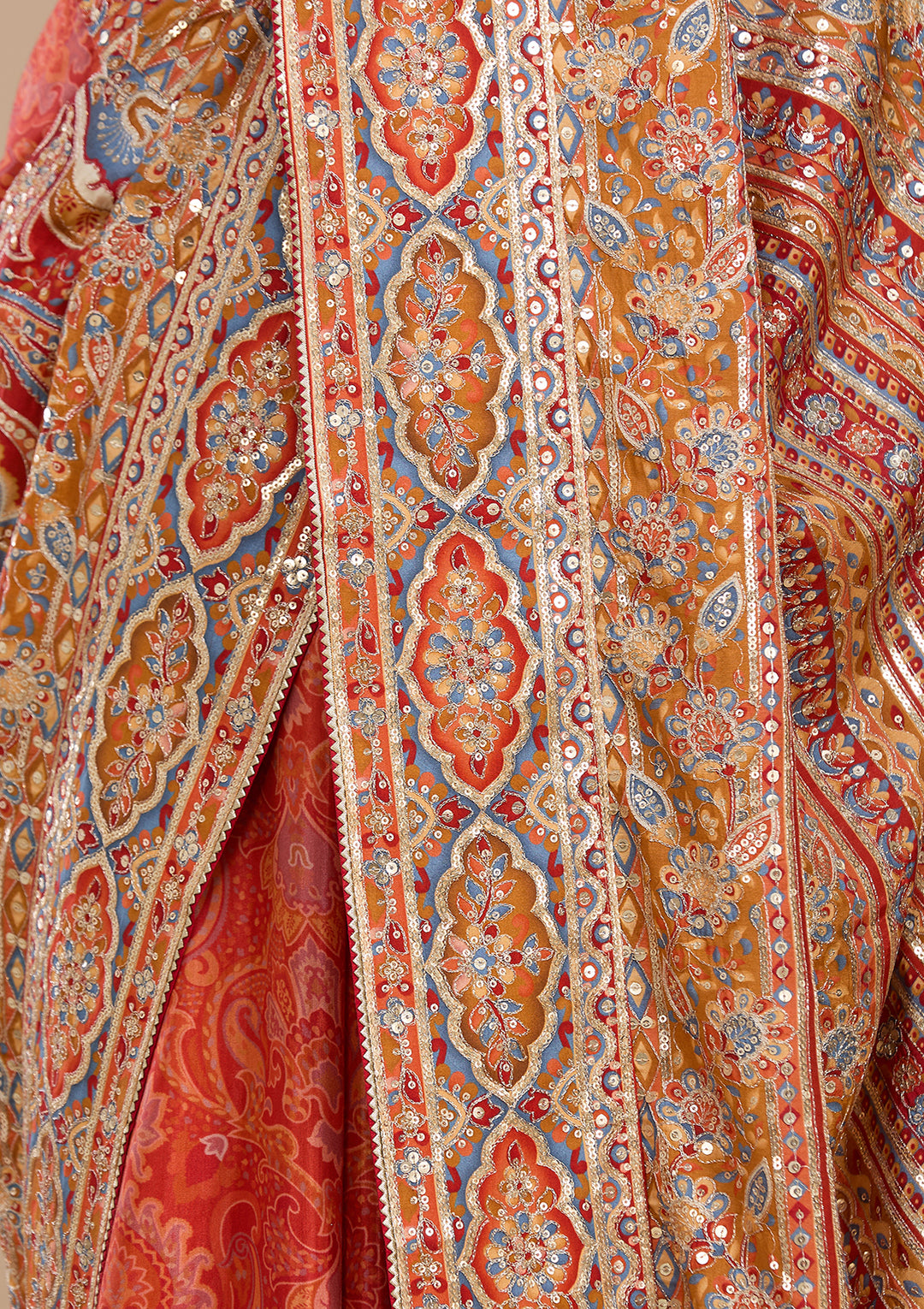 Rust Satin Abstract Geometric Sequins Saree With Matching Blouse Piece