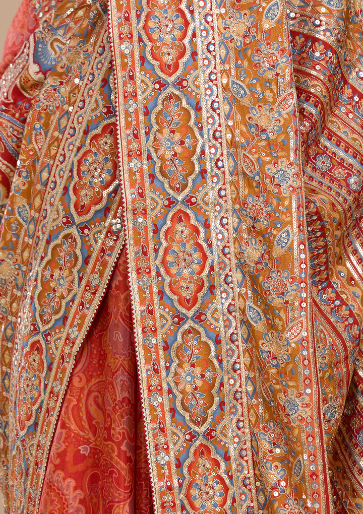 Rust Satin Abstract Geometric Sequins Saree With Matching Blouse Piece