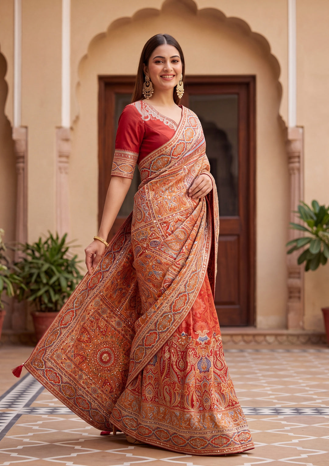 Rust Satin Abstract Geometric Sequins Saree With Matching Blouse Piece