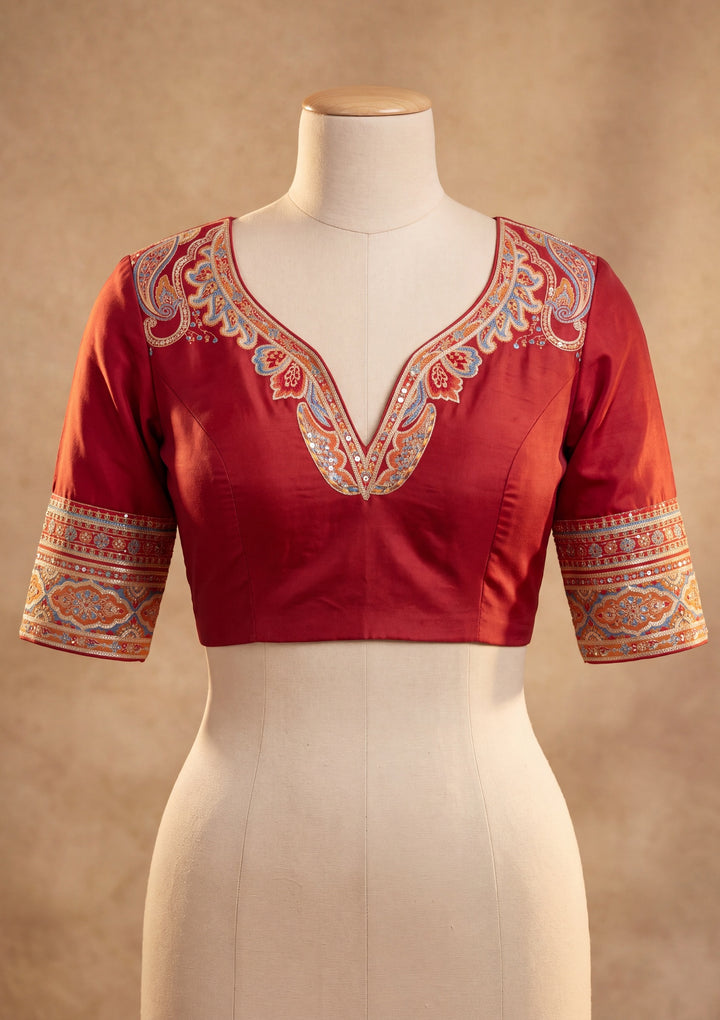 Rust Satin Abstract Geometric Sequins Saree With Matching Blouse Piece