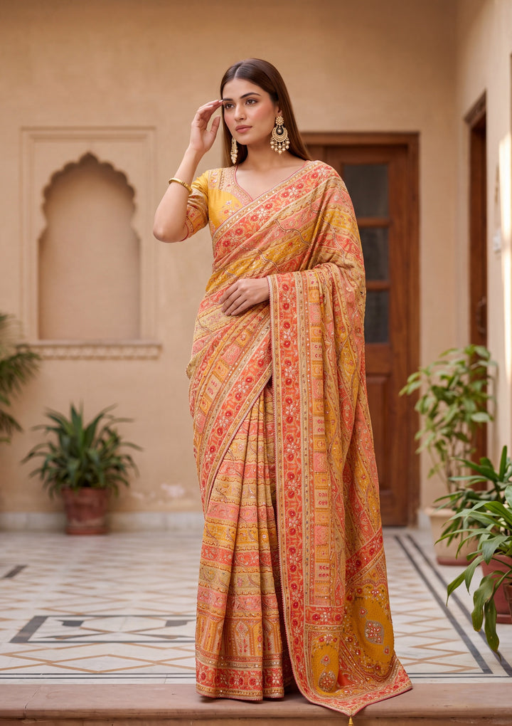 Yellow Satin Abstract Geometric Sequins Saree With Matching Blouse Piece