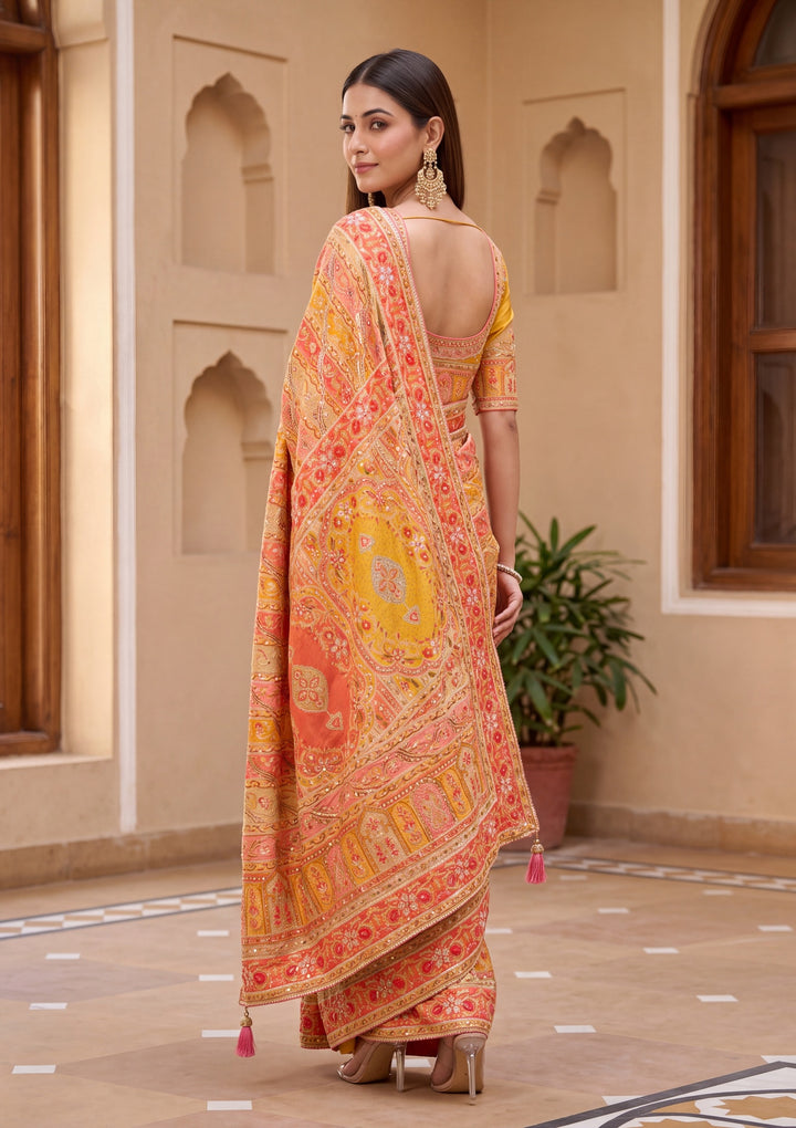 Yellow Satin Abstract Geometric Sequins Saree With Matching Blouse Piece