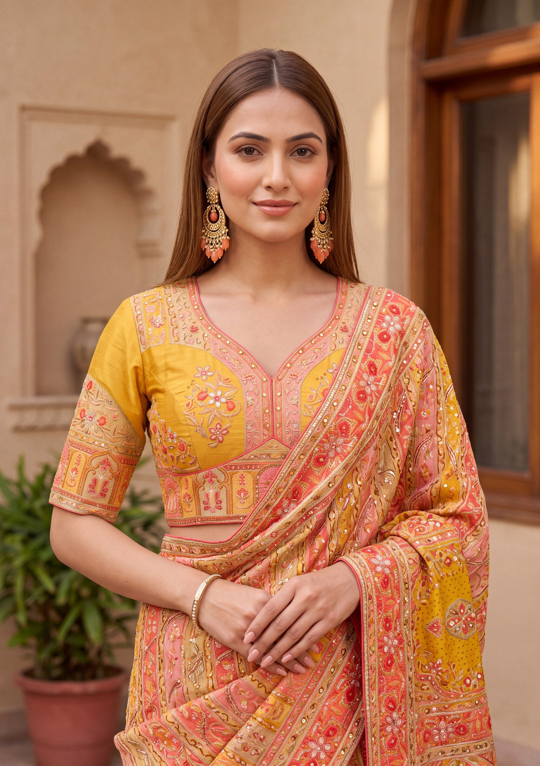 Yellow Satin Abstract Geometric Sequins Saree With Matching Blouse Piece