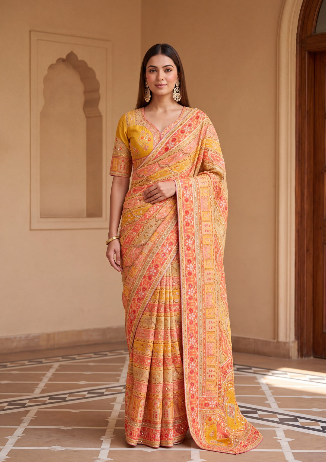Yellow Satin Abstract Geometric Sequins Saree With Matching Blouse Piece