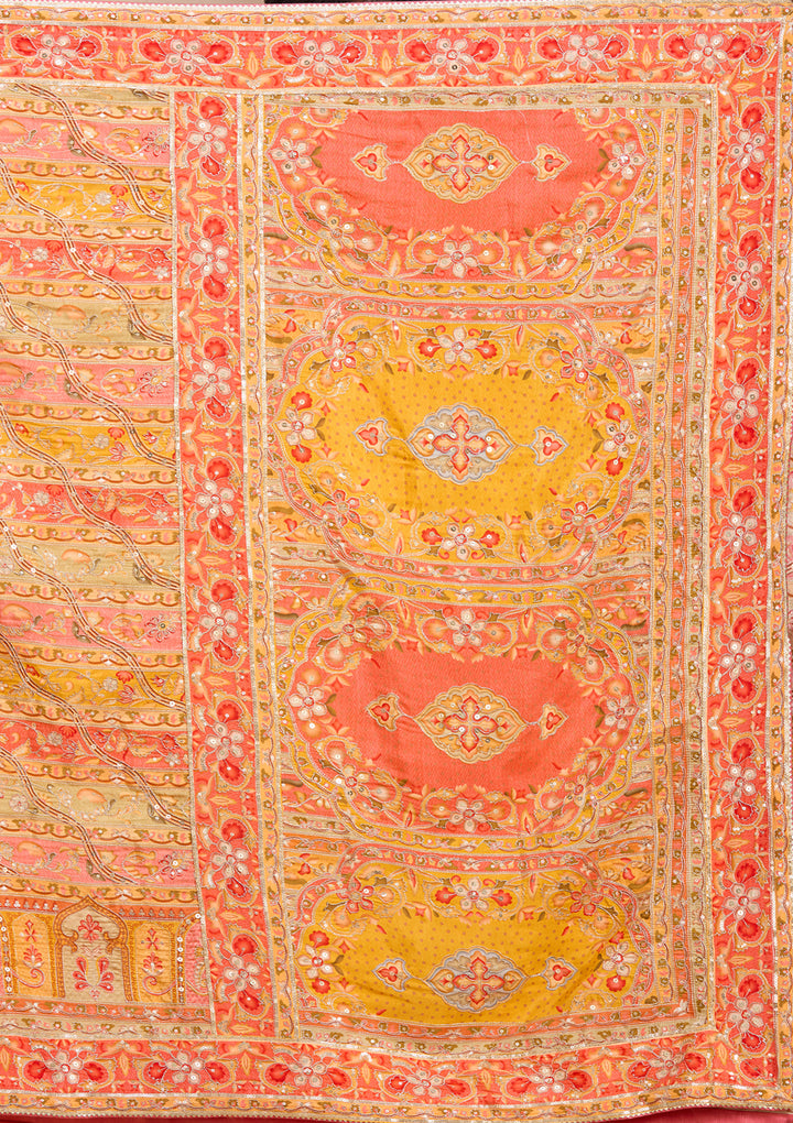 Yellow Satin Abstract Geometric Sequins Saree With Matching Blouse Piece