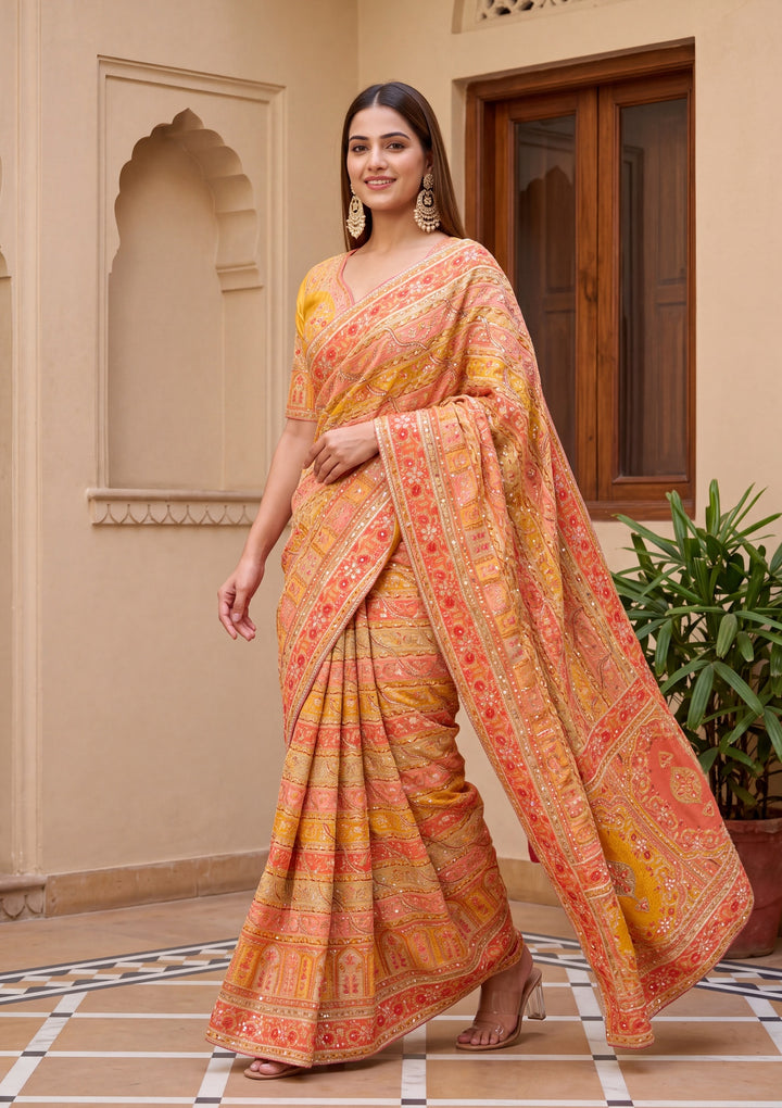 Yellow Satin Abstract Geometric Sequins Saree With Matching Blouse Piece