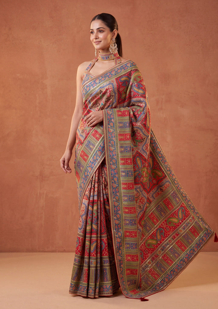 Red Satin Abstract Geometric Sequins Saree With Matching Blouse Piece