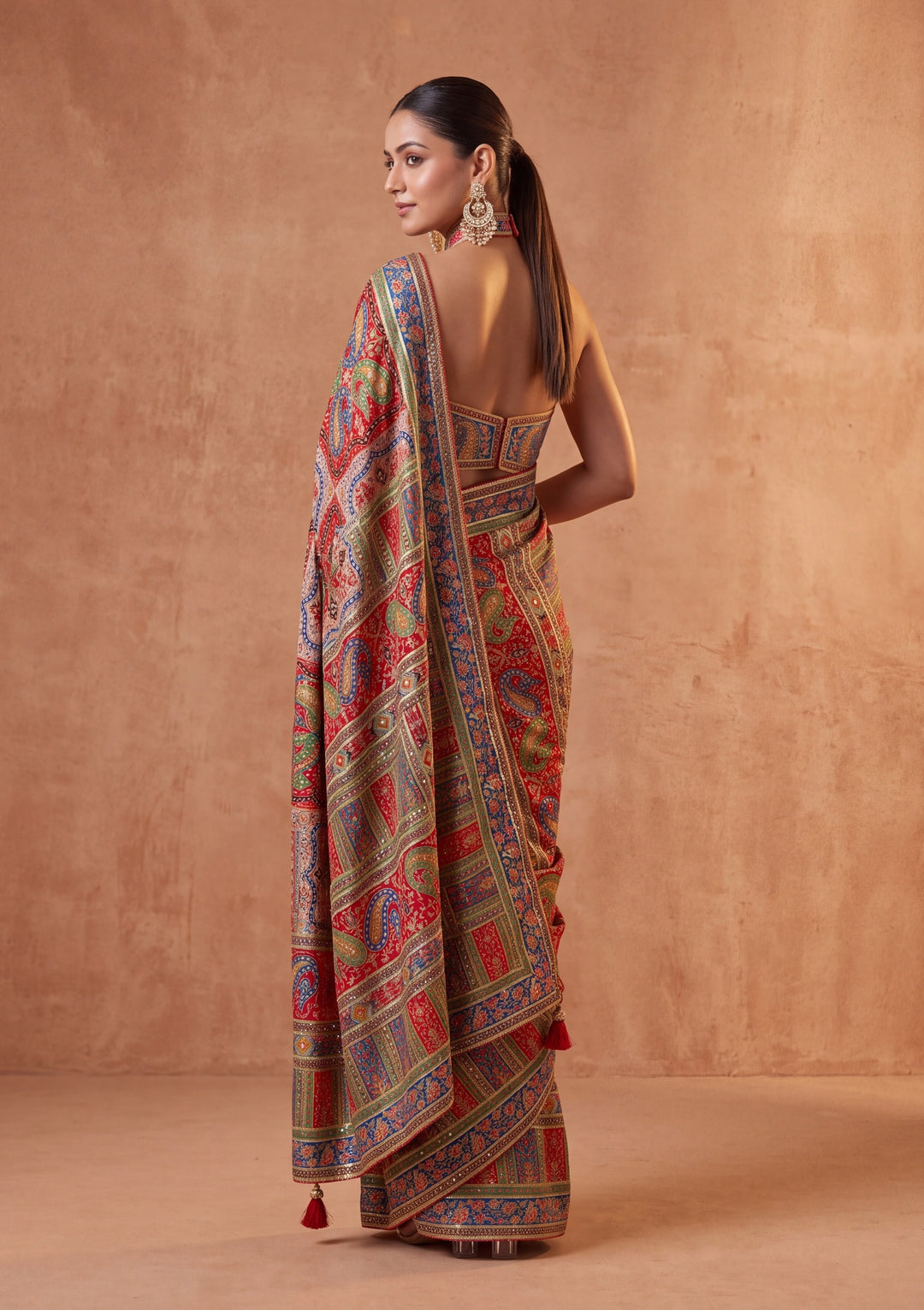 Red Satin Abstract Geometric Sequins Saree With Matching Blouse Piece