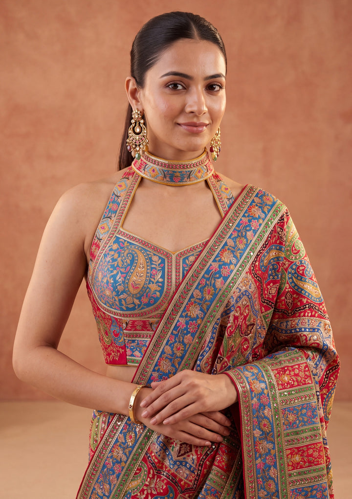 Red Satin Abstract Geometric Sequins Saree With Matching Blouse Piece
