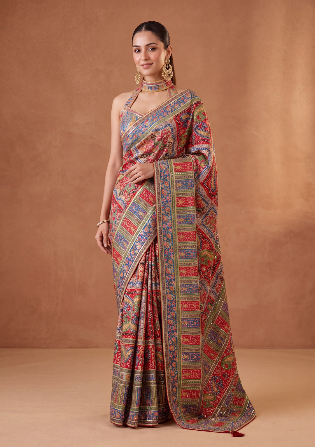Red Satin Abstract Geometric Sequins Saree With Matching Blouse Piece