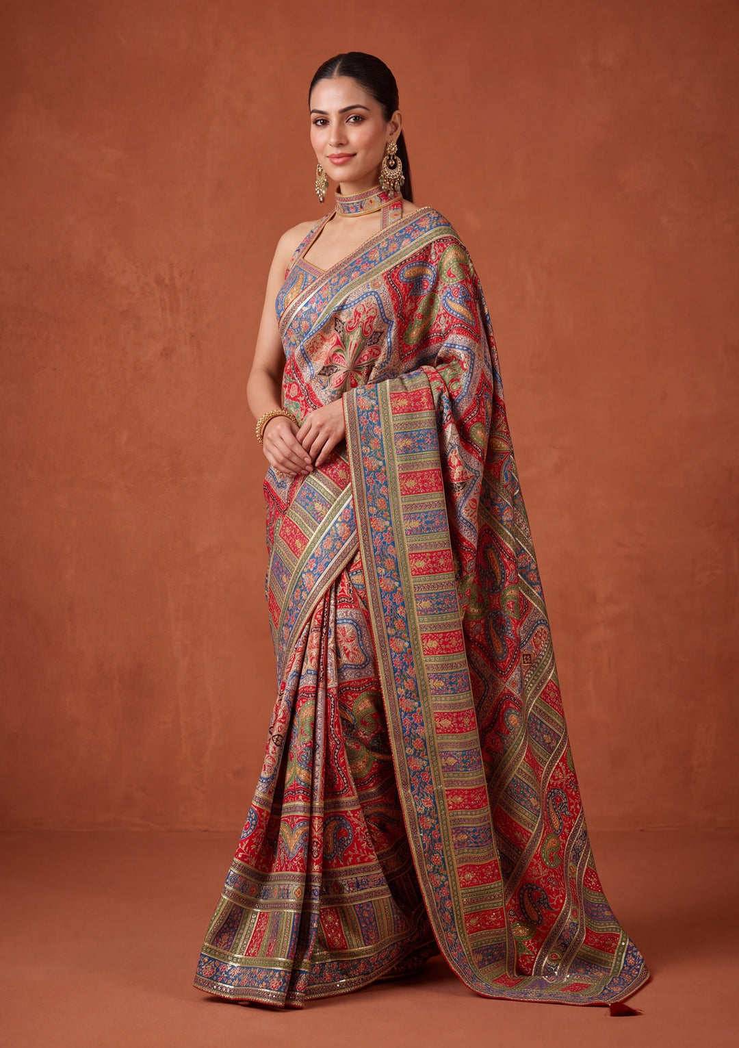 Red Satin Abstract Geometric Sequins Saree With Matching Blouse Piece