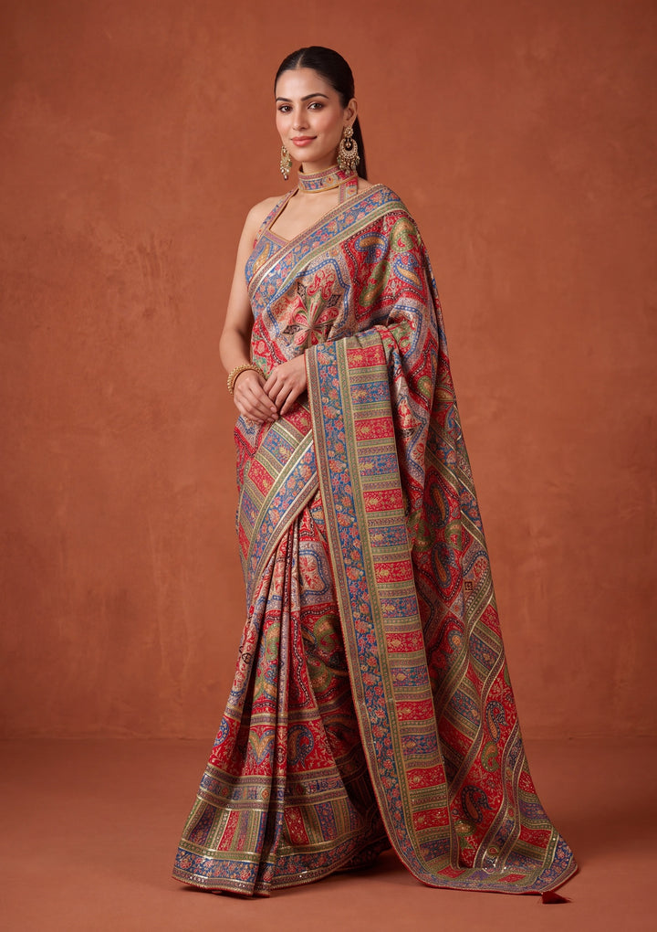 Red Satin Abstract Geometric Sequins Saree With Matching Blouse Piece