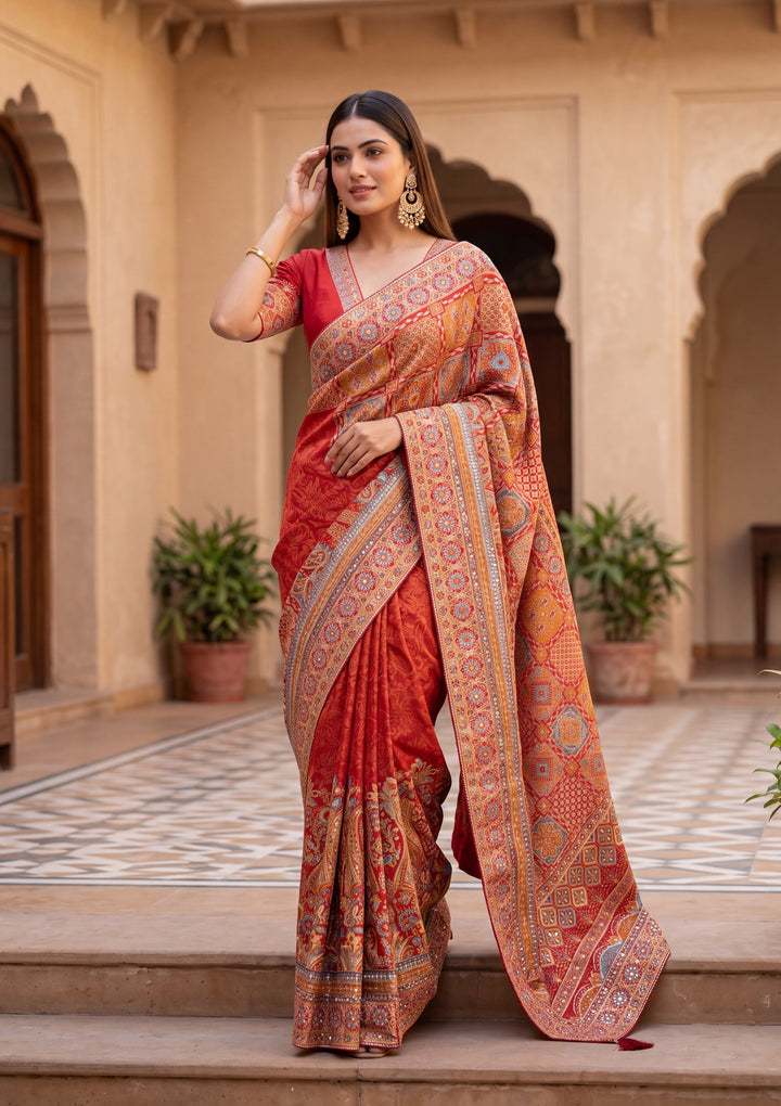 Orange Satin Abstract Geometric Sequins Saree With Matching Blouse Piece