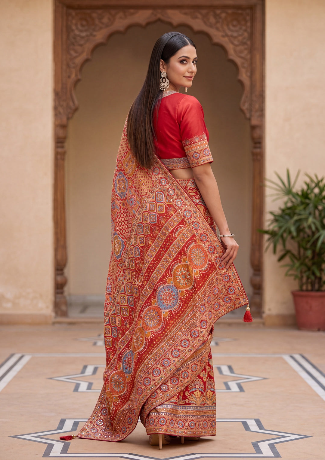 Orange Satin Abstract Geometric Sequins Saree With Matching Blouse Piece