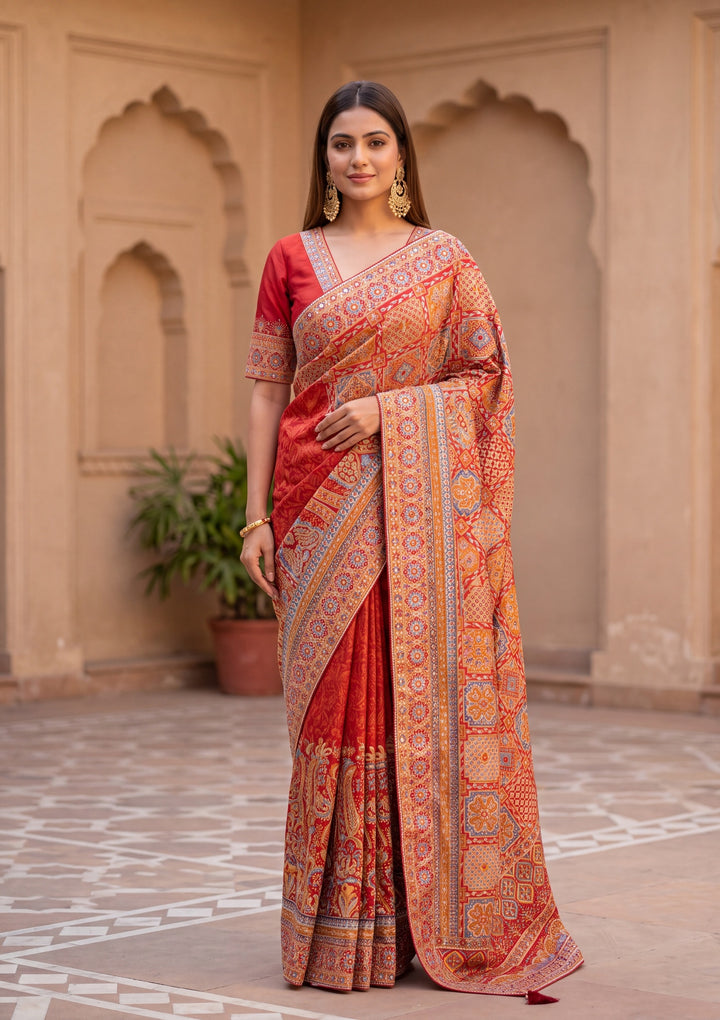 Orange Satin Abstract Geometric Sequins Saree With Matching Blouse Piece