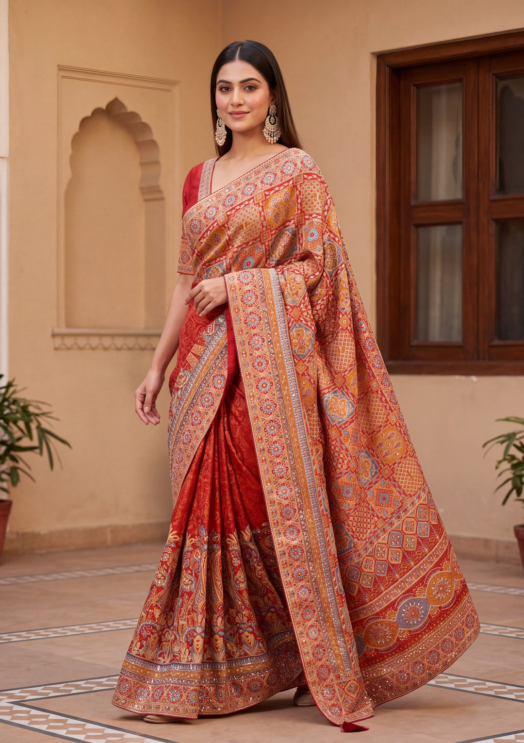 Orange Satin Abstract Geometric Sequins Saree With Matching Blouse Piece