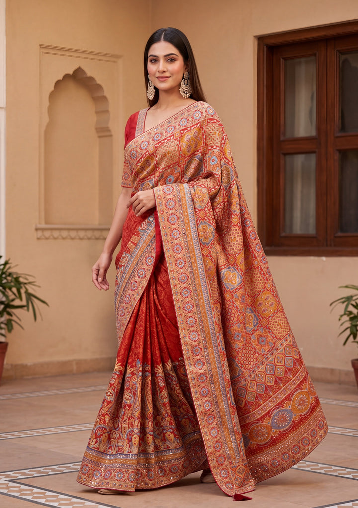 Orange Satin Abstract Geometric Sequins Saree With Matching Blouse Piece