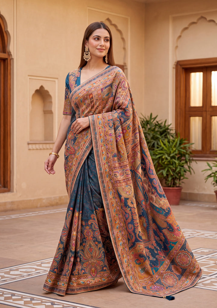 Peacock Blue Satin Abstract Geometric Sequins Saree With Matching Blouse Piece